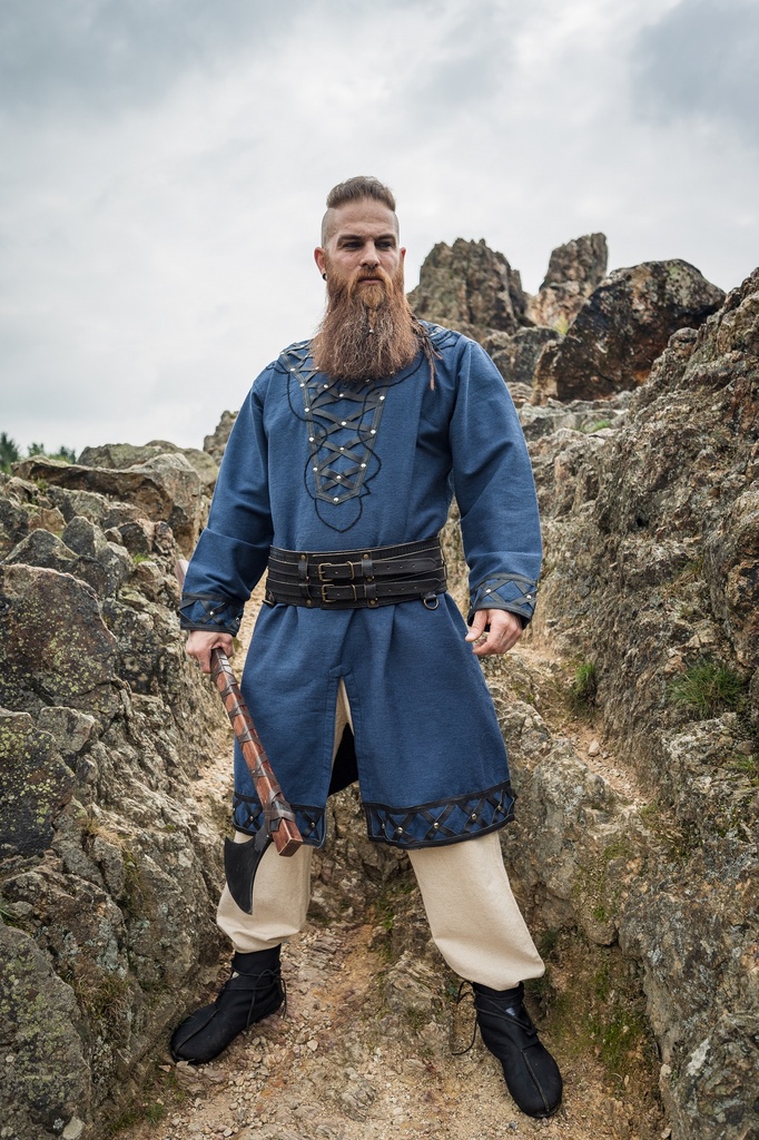 Wikingertunika Erik Dunkelblau mit Lederapplikation und Nieten Wikinger