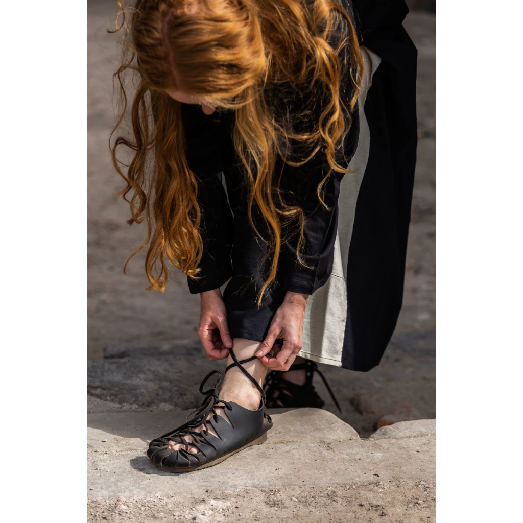 Mittelalterschuhe Bundschuhe aus Nubukleder mit fester Sohle - Schwarz