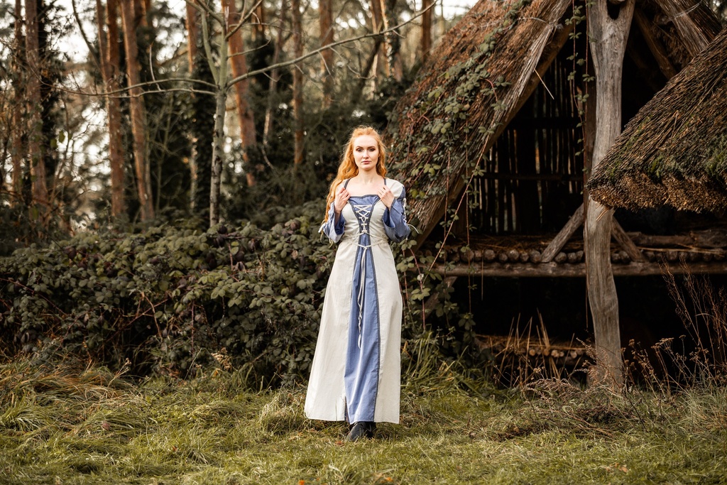 Mittelalter Kleid Amalia Natur/Taubenblau