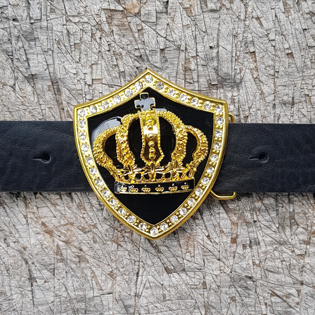 ARTUS, goldene 4cm Wappen-Schließe, schwarz Emaille, Krone,Stras
