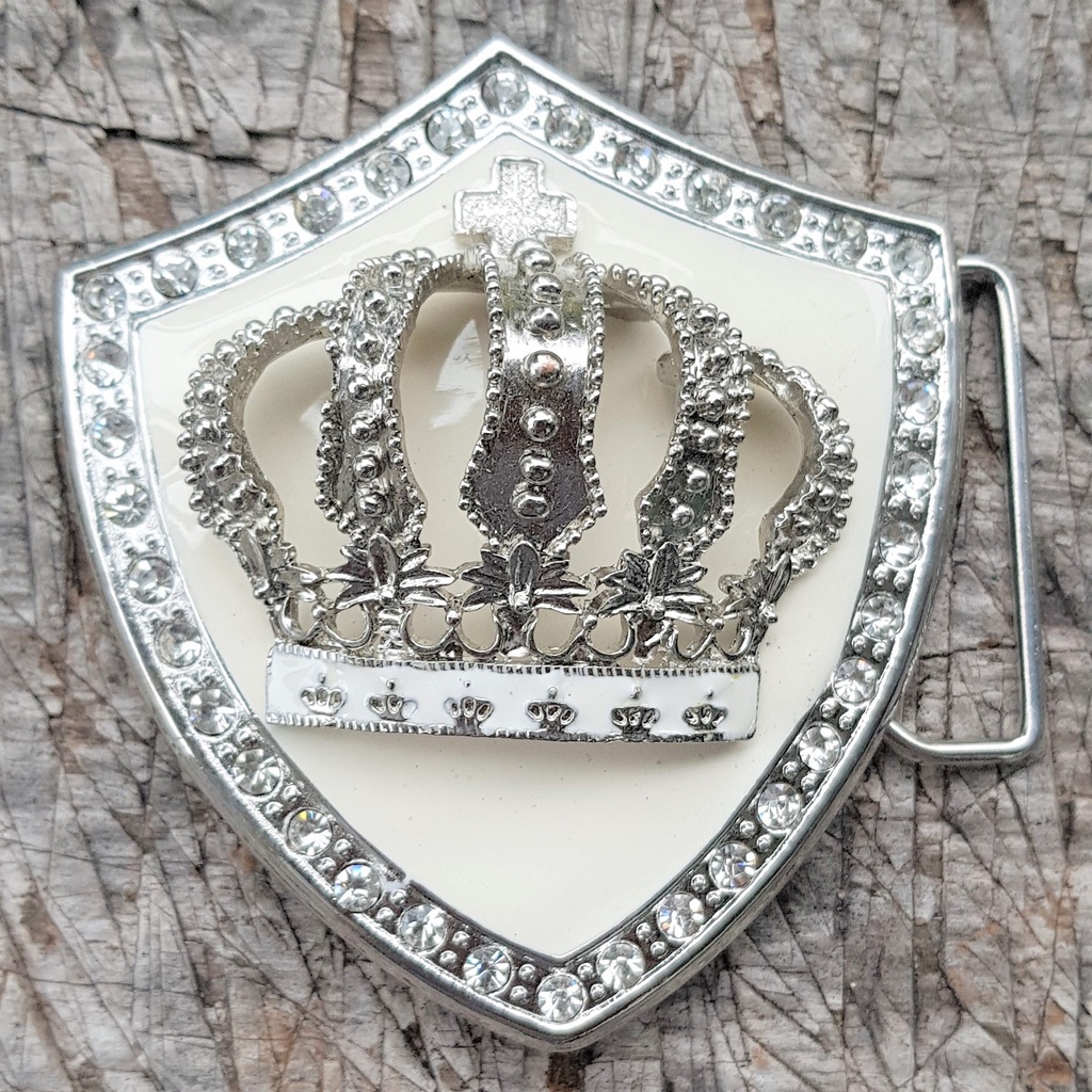 LADY ROWINA, silberne 4cm Wappen-Schließe, weiß Emaille, Krone,S