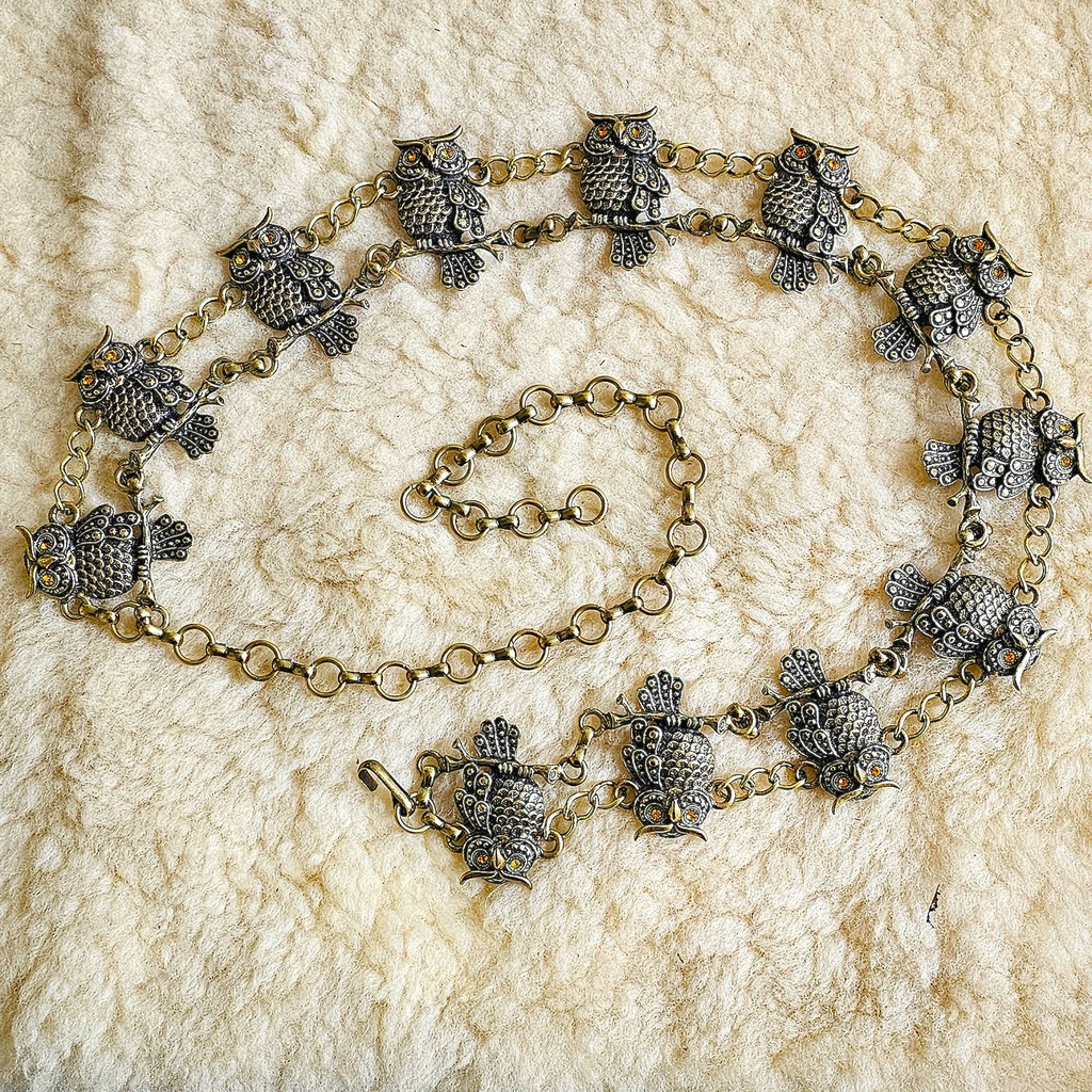 ROSMERTA, EULEN-Kettengürtel, messingfarben,Strass-Augen,Mittela
