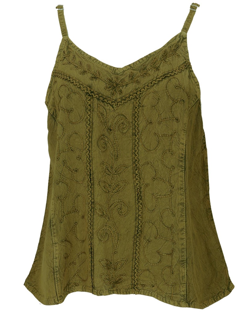 [42940] Besticktes Trägertop olivgrün ton-in-ton - Indischer Boho Chic