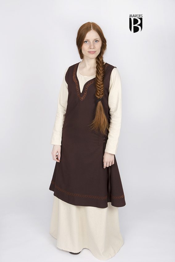 [14414-003] Mittelalterliches Kleid Lannion in Braun – Ärmelloses Überkleid aus Baumwolle mit Stickereien  (S)