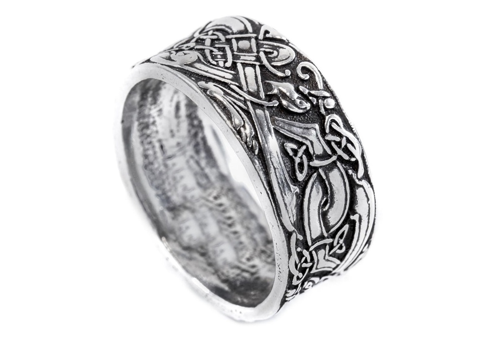 [17253-004] Breiter Wikinger-Ring FERON aus 925 Silber – 11 mm Bandring mit Fenriswolf und Knotenmuster (15,5 / 58)