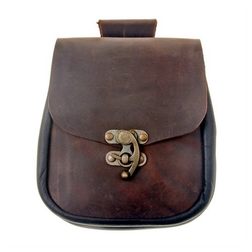 [17275-002.sw] Große Gürteltasche mit Hakenverschluss - Mittelalterliche Gürteltasche aus Leder (schwarz)