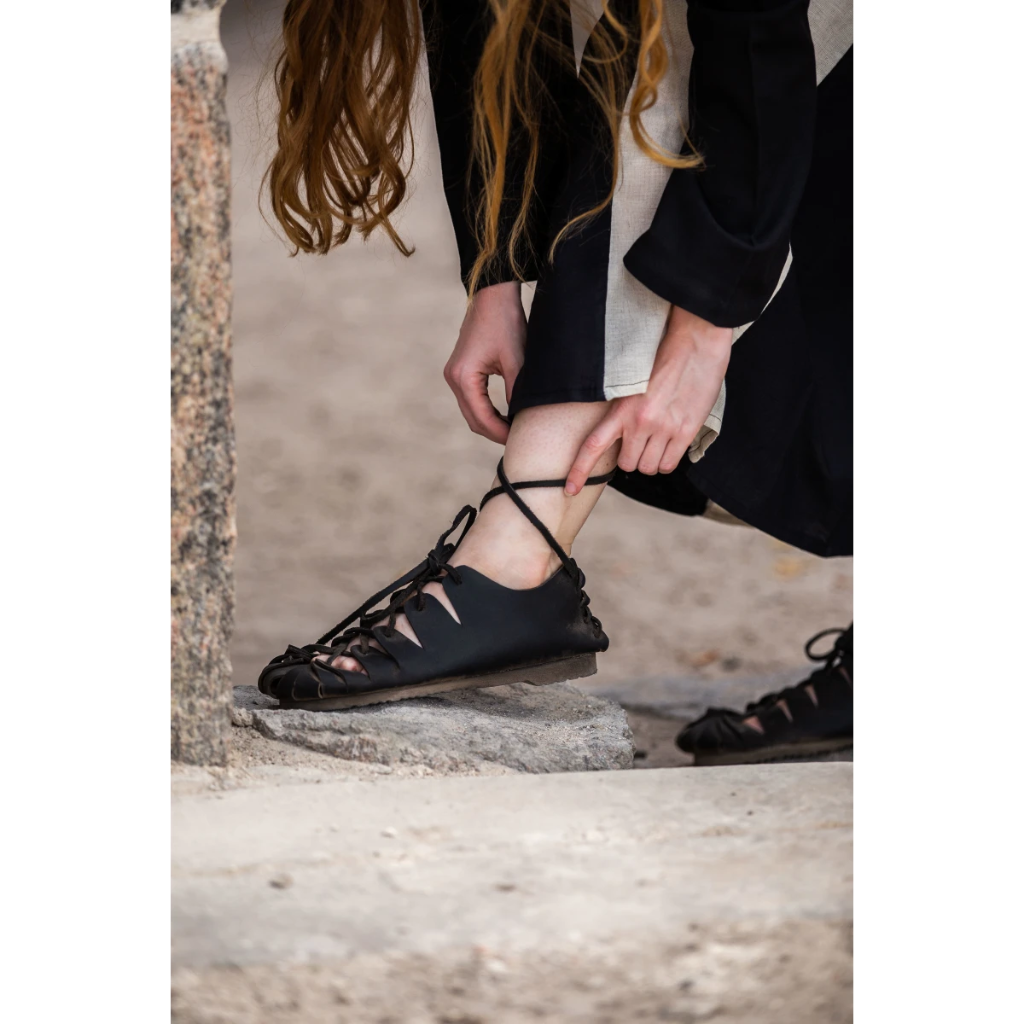 Mittelalterschuhe Bundschuhe aus Nubukleder mit fester Sohle - Schwarz