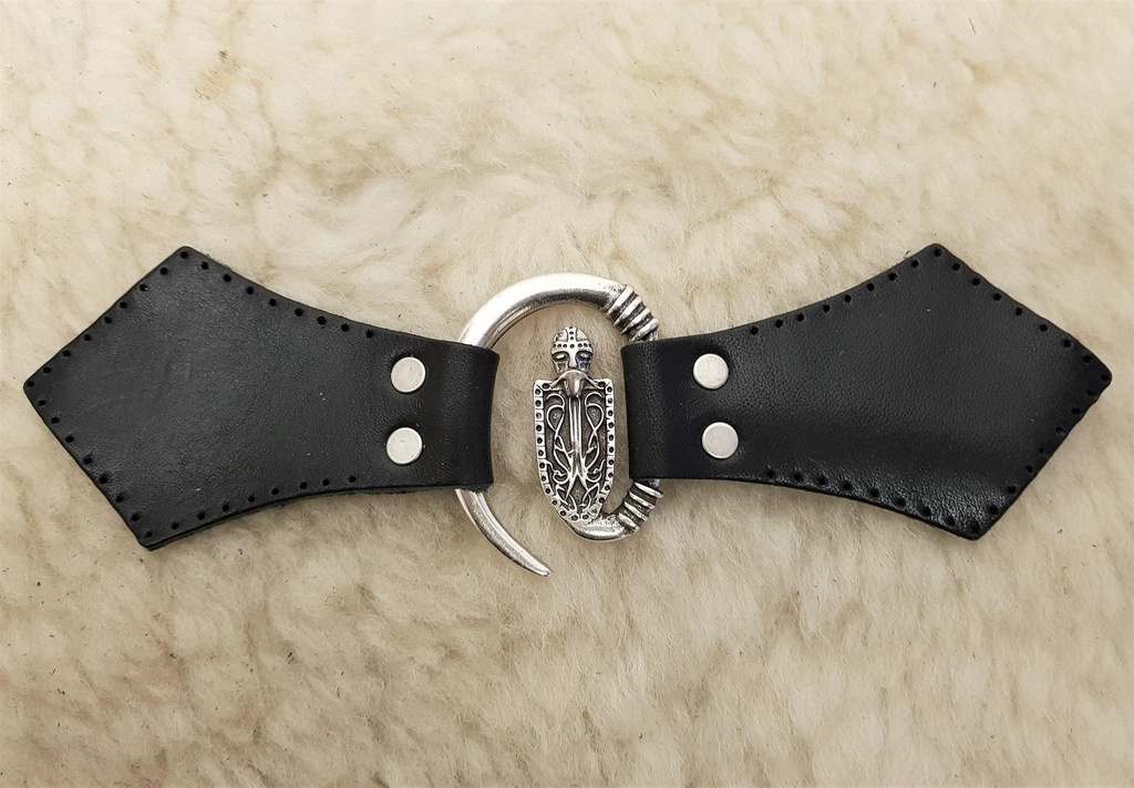 [31587-002] Ritter-Verschluss – Silberfarbener Mantelverschluss mit Schildmotiv & Vollrindleder (braun)