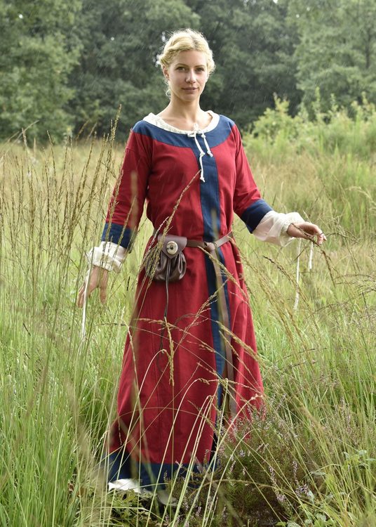 [31610-001] Mittelalterkleid "Gudrun" rot/blau  mit Besatz für Mittelalter & Larp (S)