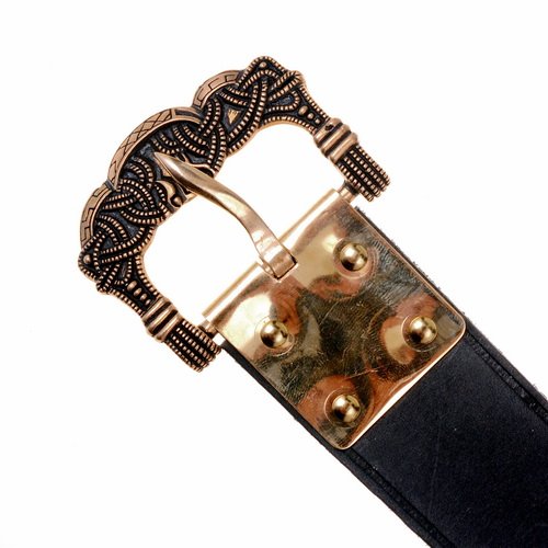 [10 Wik-4 Gokstad.nl.bra] Wikinger Gürtel Gokstad 4,0 cm breite in zwei Farben mit Bronzeschnalle (S, braun, Ja)