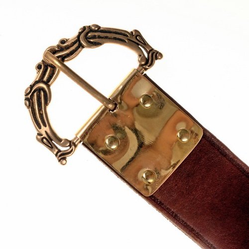 [10 Wik-4 Ring.nl.br] Wikinger Gürtel Ringerike 4,0 cm Breite in zwei Farben mit Bronzeschnalle (S, braun)