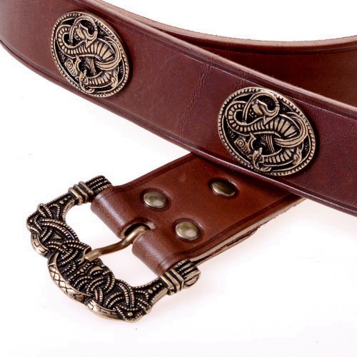 [31631-001] Wikinger Gürtel Gokstad 4 cm mit Riemenende und Nieten Langgürtel (S, braun, silber)