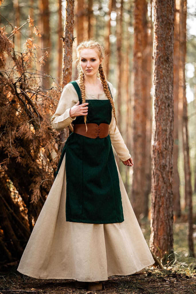 [35307-001] Überkleid 'Aila'' Wolle grün Schürze Wikinger Gewand - Mittelalter Larp (S/M)