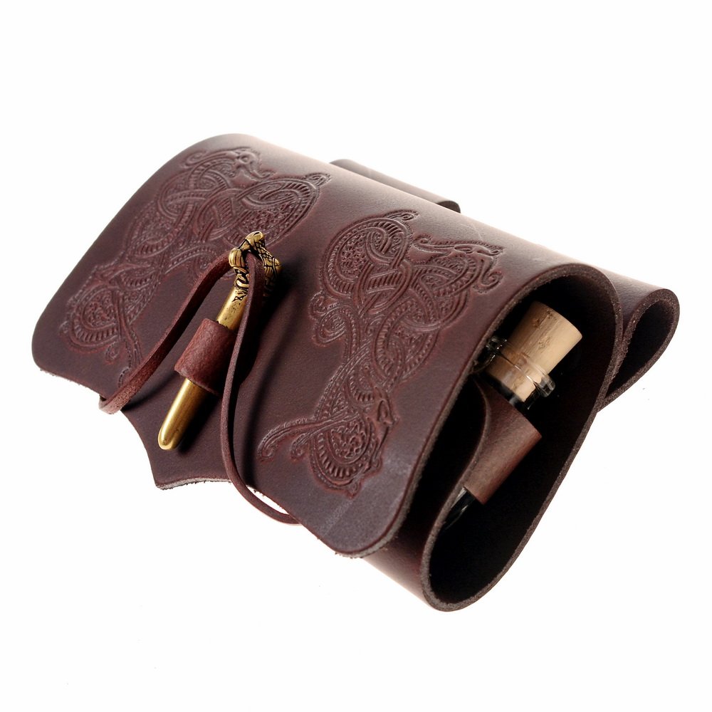 Tranktasche mit wikingerzeitlichem Pfriem-Verschluss - inkl. 3 oder 5 Flaschen - Leder braun oder schwarz