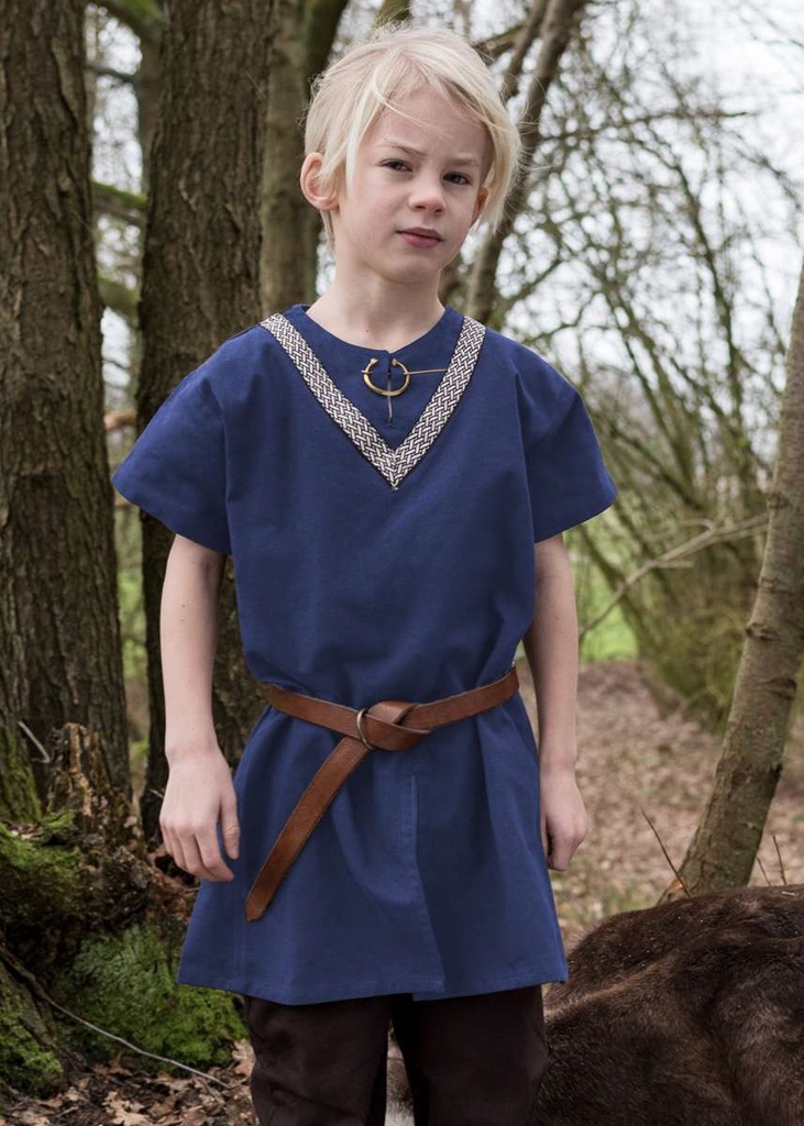 [35497-001] Kinder Kurzarm-Tunika Ailrik blau mit Bordüre Baumwolle - Gewand für Mittelalter, Larp und Reenactment (110)