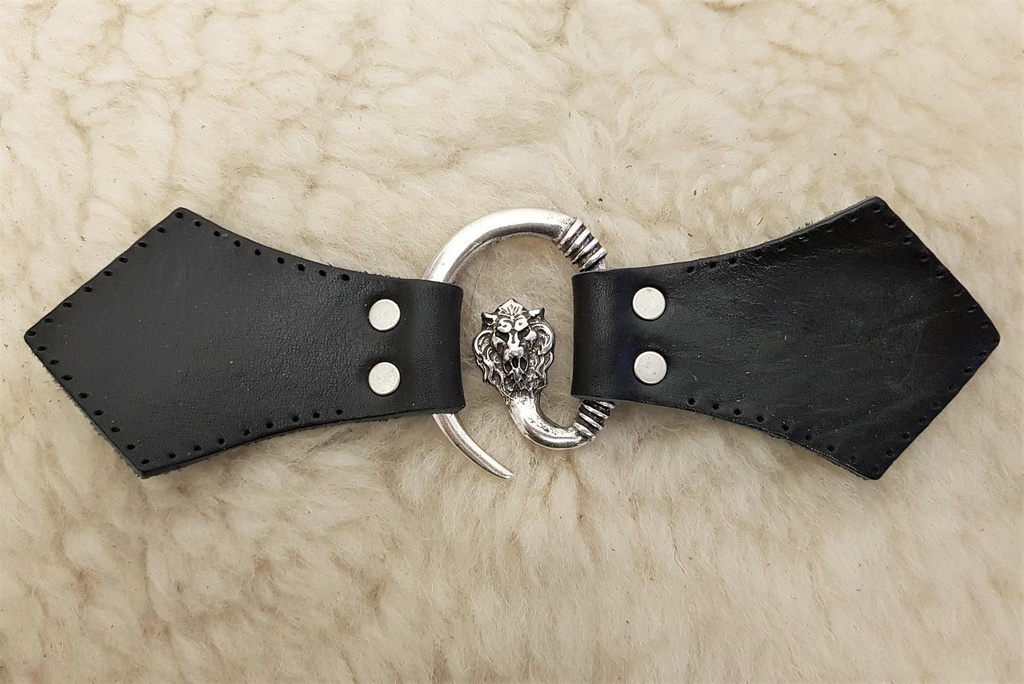 [35647-001] Löwenkopf Mantel-Verschluß, silbern mit Befestigungsleder (braun)