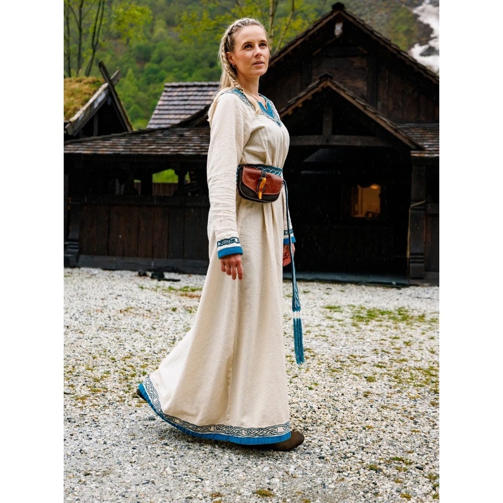 [35653-001] Wikingerkleid bestickt  "Lagertha" Natur/Blau - Frühmittelalterliches Gewand Wikinger Kelten (XS)