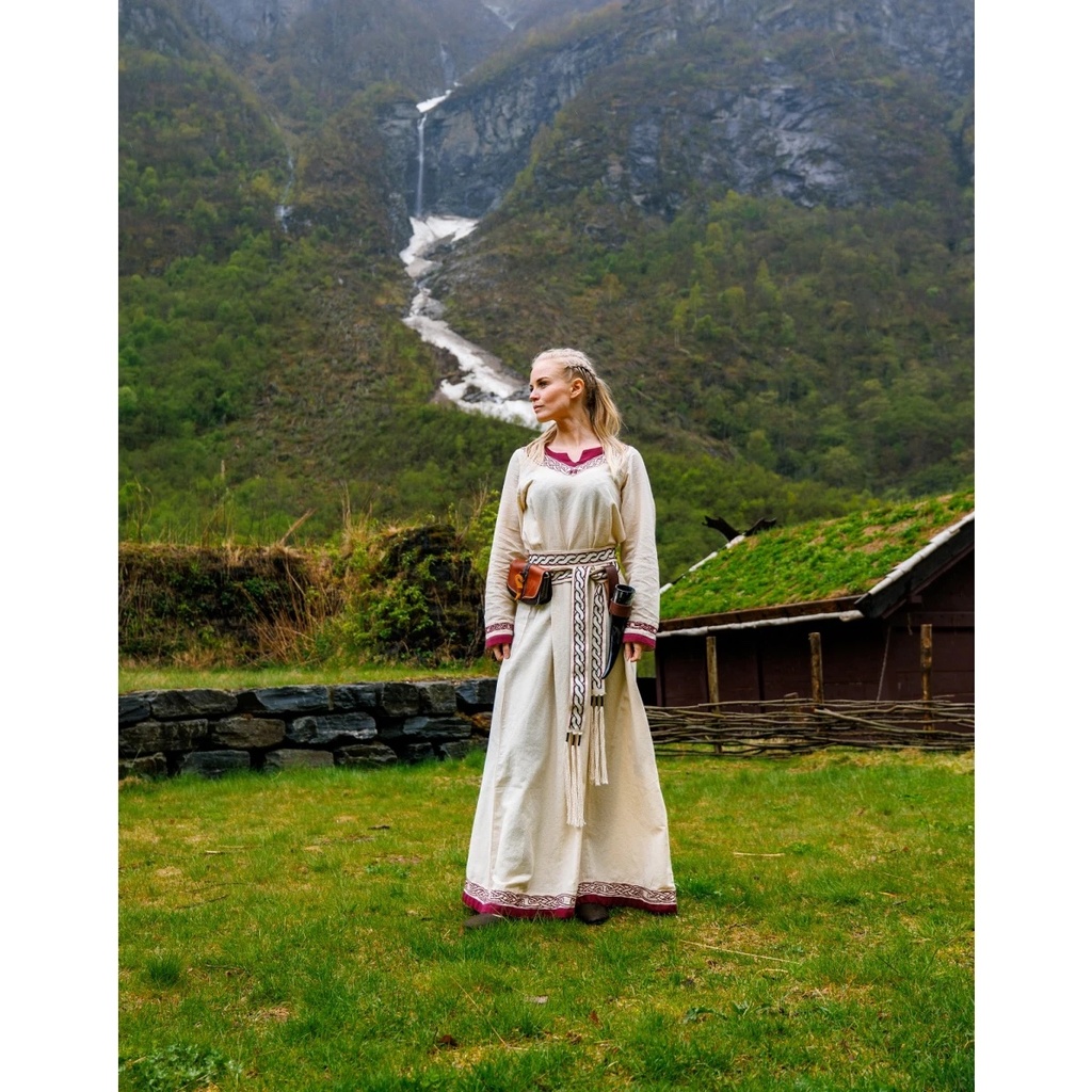 [35654-001] Wikingerkleid bestickt  "Lagertha" Natur/Rot - Frühmittelalterliches Gewand Wikinger Kelten (XS)