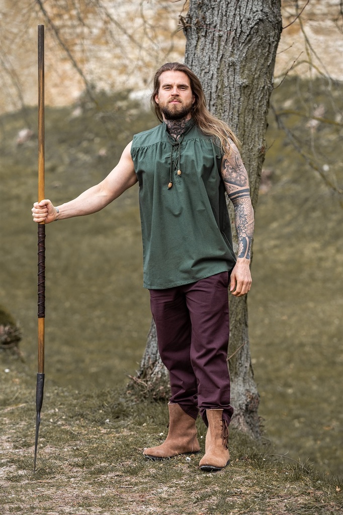 [35700-001] Ärmelloses Stehkragen Schnürhemd grün Mittelalterhemd (S)