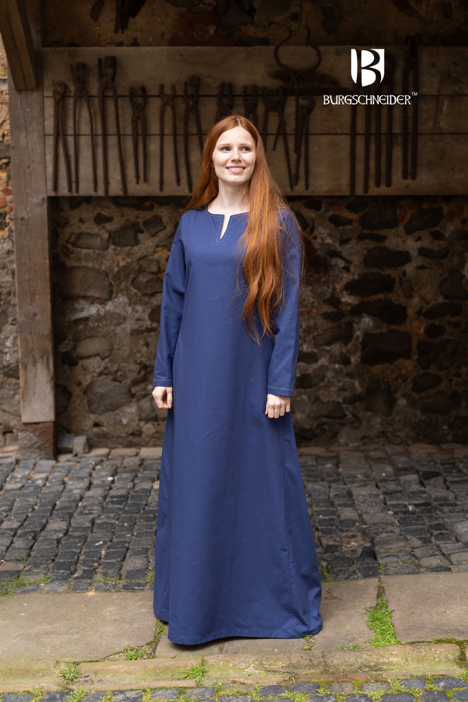 Knöchellanges Unterkleid Feme dunkelblau - Mittelalter Baumwolle mit Zierstichen & geschlitztem Ausschnitt