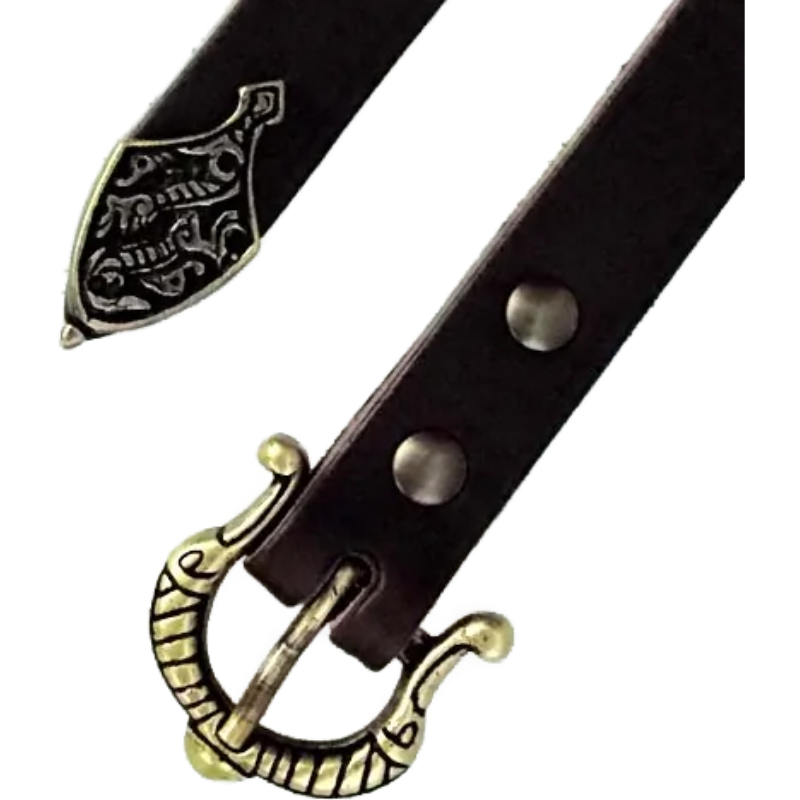 [WDr345-002] Norwegischer Wikinger Gürtel mit Riemenende 2 cm  - Accessoire für Mittelalter Reenactment, Larp & Fantasy Gewandung (S, braun, silber)