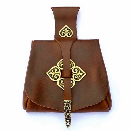 [01 T-Birk.br] Wikinger Tasche Birka mit Beschlägen Accessoire für Mittelalter Kostüme, Reenactment und LARP Bekleidung (braun)