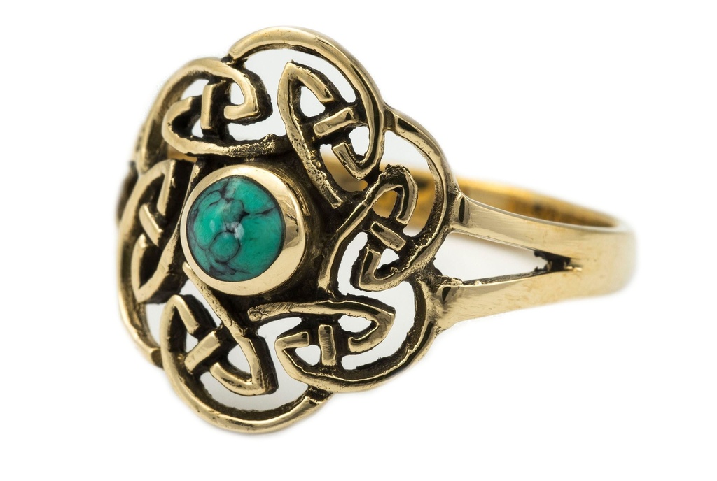 [6780-001] Keltischer Ring "Tavia" mit Türkis aus Bronze – Mystisches Schmuckstück mit Knotenmuster 1,6 cm (14,5 / 46)