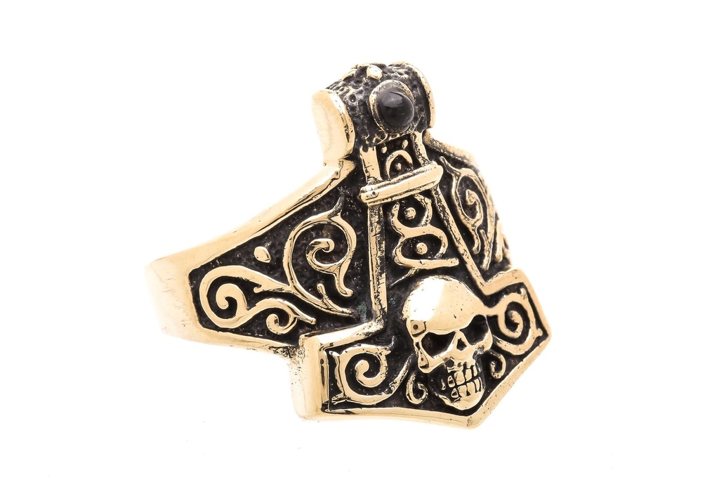 [WK-5111-2015-14 / 44] Wikinger-Ring "Thorunn" mit Mjölnir & Totenkopf aus Bronze – Kraftvoller Thorshammer-Ring mit Onyx 2,2 cm (14 / 44)