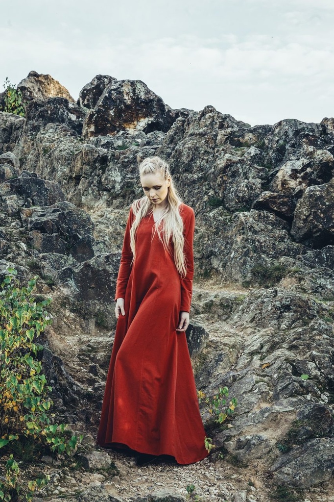 [4899r] Unterkleid "Silke" rot langarm bodenlang 100% Baumwolle  (XS)