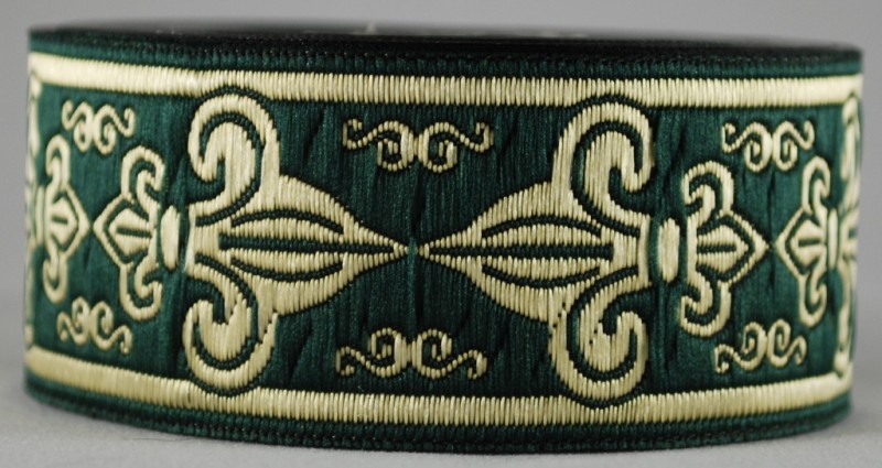 [33063b-grasgrn] Borte Französische Lilie in Grün-Gold 33 mm- 10 m - Webborte zur Verzierung mittelalterlicher Kostüme und Larp Gewandungen