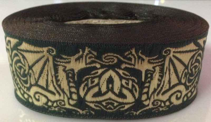 [33302-grasgrn] Borte Drache in Grün-Gold, 33 mm- 10 m - Webborte zur Verzierung mittelalterlicher Kostüme und Larp Gewandungen