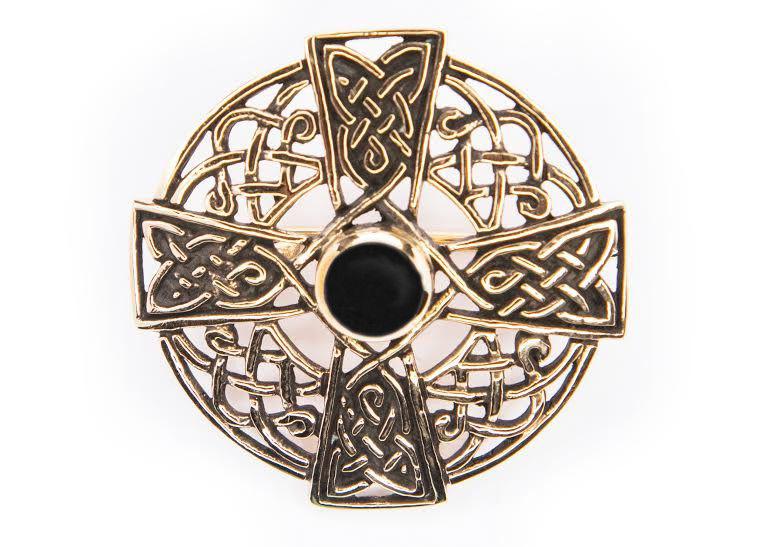 [fb8] Fibel Brosche 'Namida - Keltisches Kreuz - Onyx' aus Bronze - Mittelalter, Larp, Fantasy Schmuck