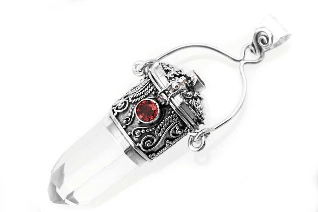 [as41] Amulett, Anhänger 'Laurin - Bergkristall mit Granat' aus Silber 925 - Mittelalter, Larp, Reenactment Schmuck