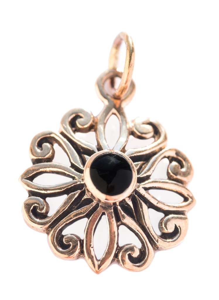 Schmuck Anhänger Blume der Liebe mit Onyx 2,6 cm – Bronze – Mystisches Amulett für Liebe und Schutz