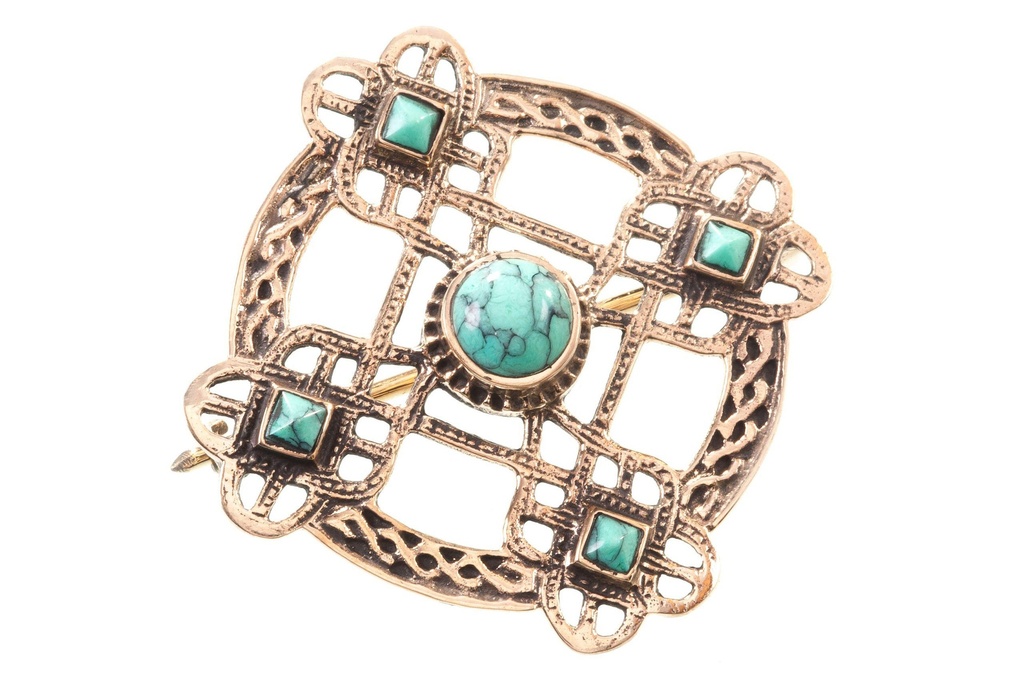 Schmuck Fibel Thura – Mittelalter Brosche mit Türkis 4,3 cm – Bronze – Historische Gewandfibel