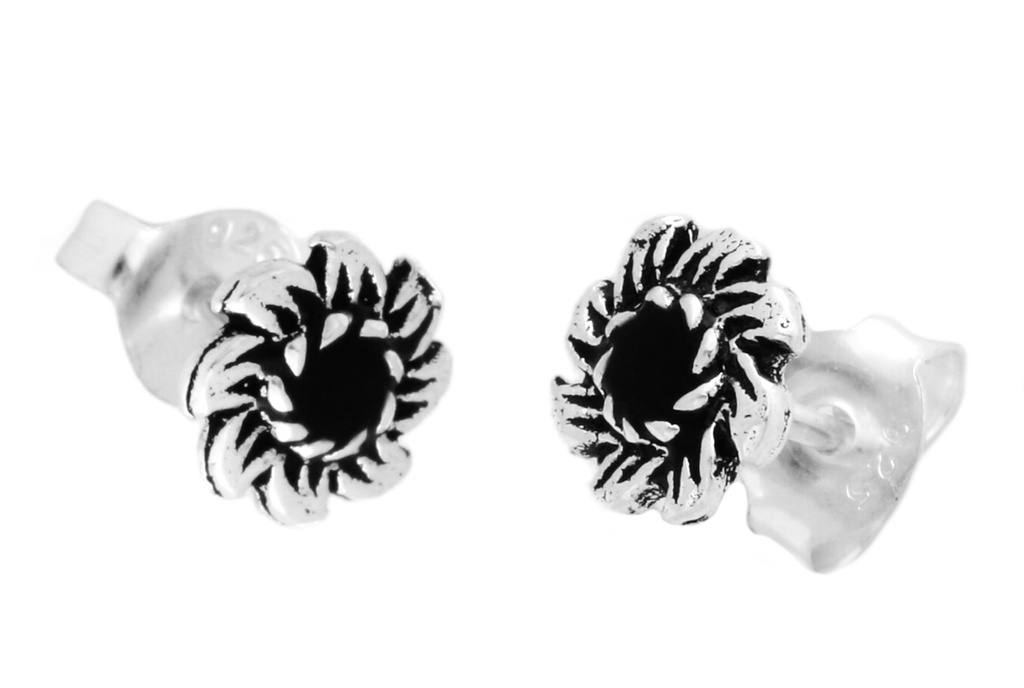 [ost80] Ohrstecker 'Blume Anilla Schwarzer Onyx' Sterling Silber 925 - Schmuck für Mittelalter, Reenactment und Larp