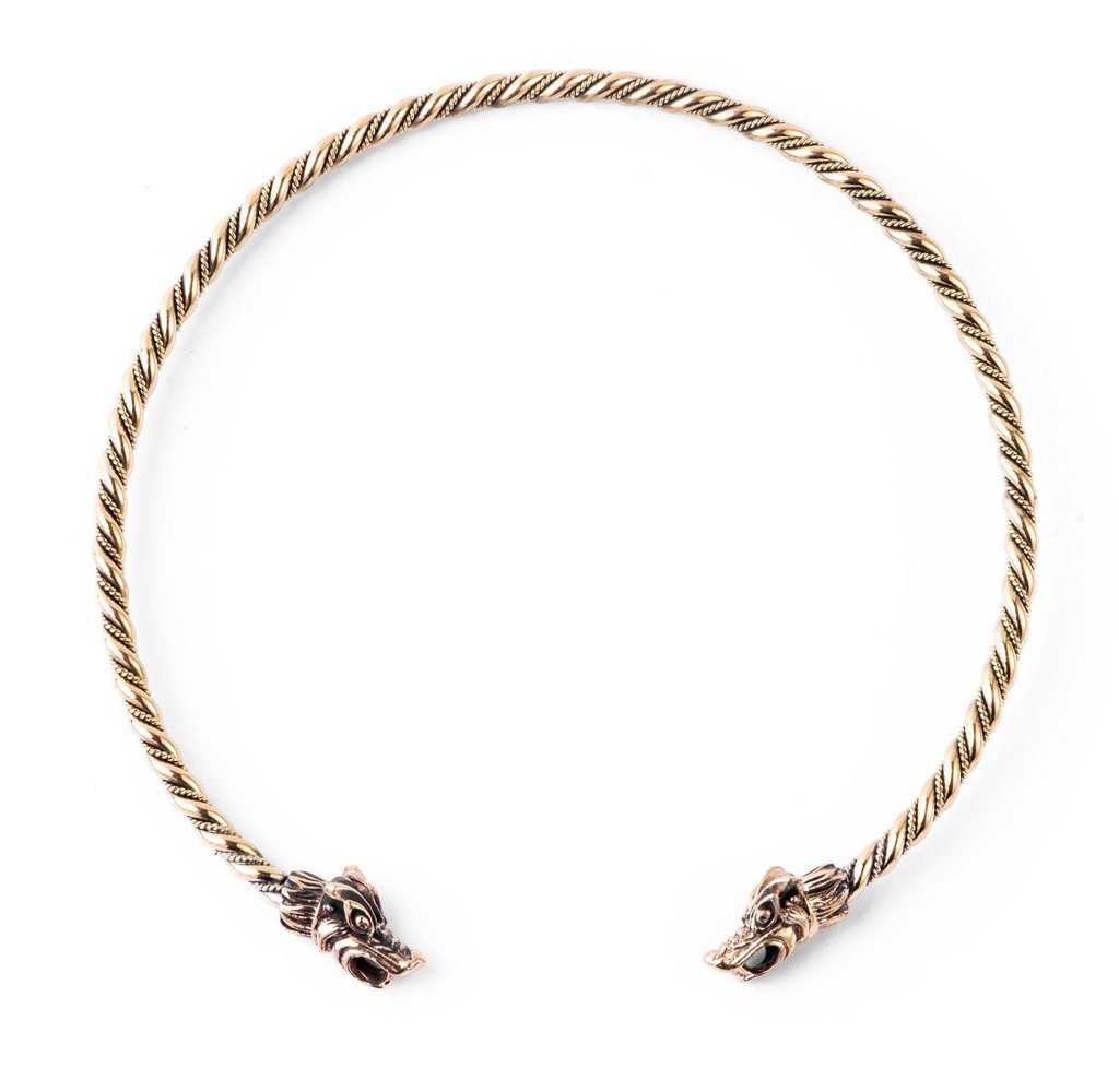 [hrb9] Halsreif Roya Torques aus Bronze – Wikinger Frauen Halsschmuck Ø 14,3 cm mit Tierköpfen