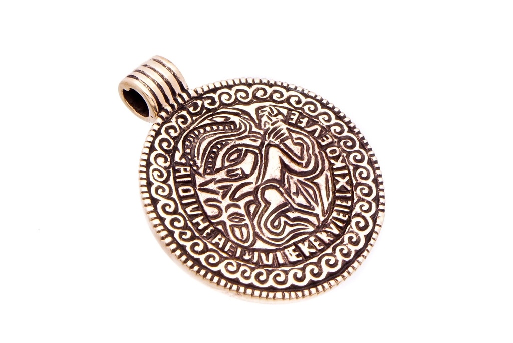 [amb82] Amulett, Anhänger 'Brakteat - Odin auf Sleipnir' aus Bronze - Mittelalter, Larp, Fantasy Schmuck