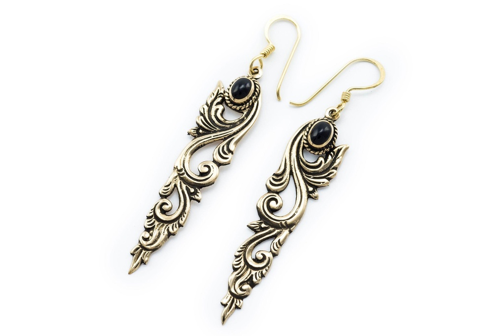 Mittelalter Ohrhänger „Spiral Onyx“ aus Bronze – 6,4 cm Ohrringe mit schwarzem Edelstein