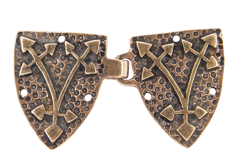 [fb27] Mittelalter Mantelschließe „Arthus – Ritterwappen“ aus Bronze – Broschenset 4,3 cm