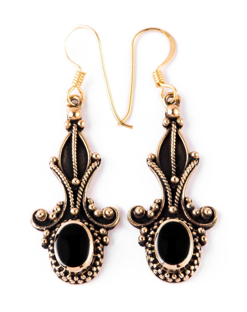 Mittelalter Ohrhänger „Kayleen Onyx“ aus Bronze – Damenohrringe 4,7 cm mit schwarzem Edelstein 