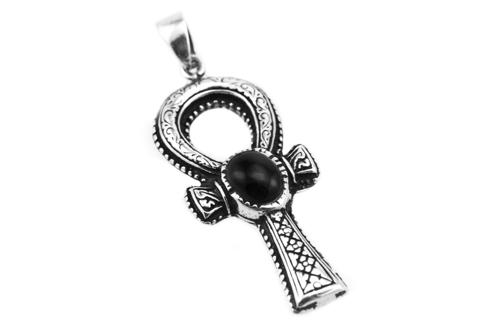 [ak46] Mittelalter Kreuz, Anhänger 'Ankh mit Onyxstein' aus Silber 925 - Mittelalter, Larp, Reenactment Schmuck
