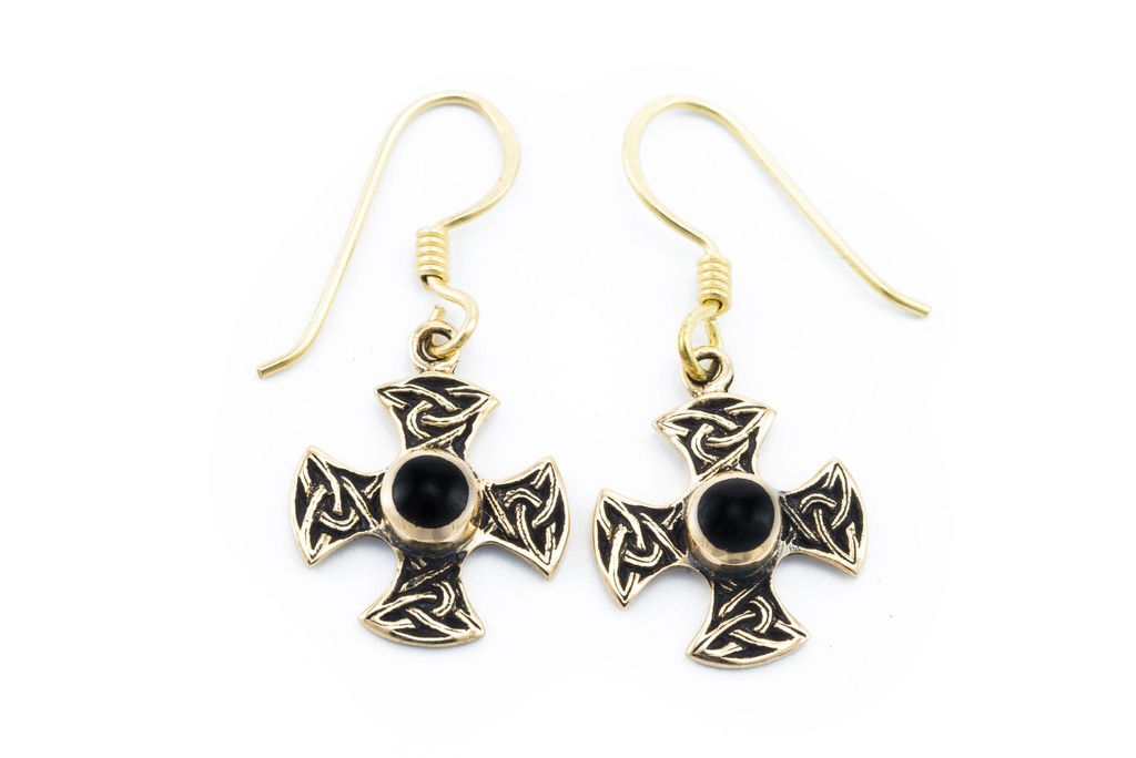 Ohrhänger Artain Keltisches Kreuz mit Onyx aus Bronze – Spiritueller Ohrschmuck 1,7 cm