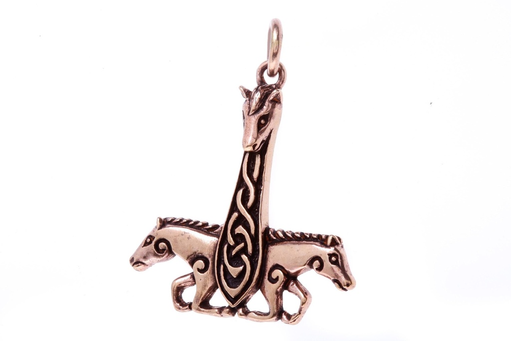Thorshammer Anhänger ARATON aus Bronze – Mjölnir mit Pferdeköpfen 4,3 cm 
