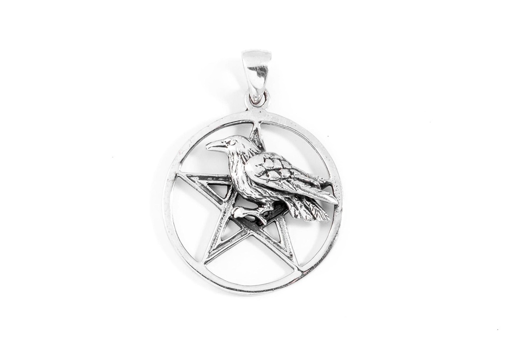 [WK2015-am29] Amulett, Anhänger 'Freki - Rabe im Pentagramm' aus Silber 925 - Mittelalter, Larp, Fantasy Schmuck