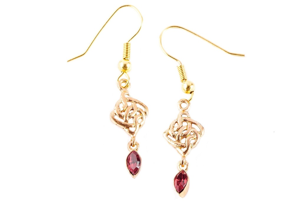 Ohrhänger 'Keltischer Unendlichkeitsknoten mit roten Kristallen' Bronze Schmuck für Mittelalter, Reenactment und Larp