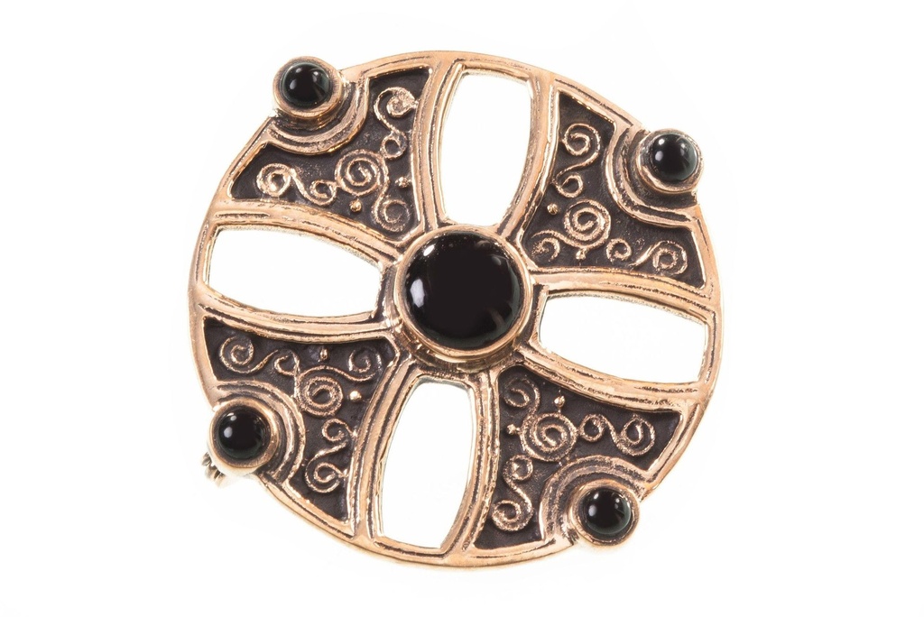 Mittelalter Fibel Brosche "Kreuzfibel Onyx" aus Bronze – Rundfibel mit schwarzen Onyxsteinen 4 cm