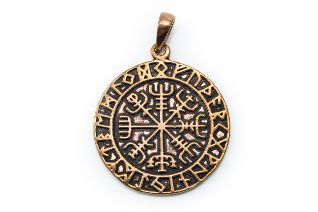 [avb545] Wikinger Anhänger „Ragson“ aus Bronze – Vegvísir Runenkompass 3,2 cm nordisches Schutzamulett