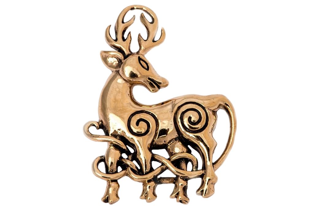 [fb57] Keltische Brosche DWALIN aus Bronze – 3,8 cm Fibel mit Cerunnos-Motiv