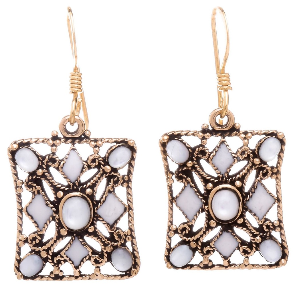 Schmuck Ohrhänger Byzanz Mittelalter Perlmutt 3,5 cm – Bronze – Historische Ohrringe mit filigranem Design